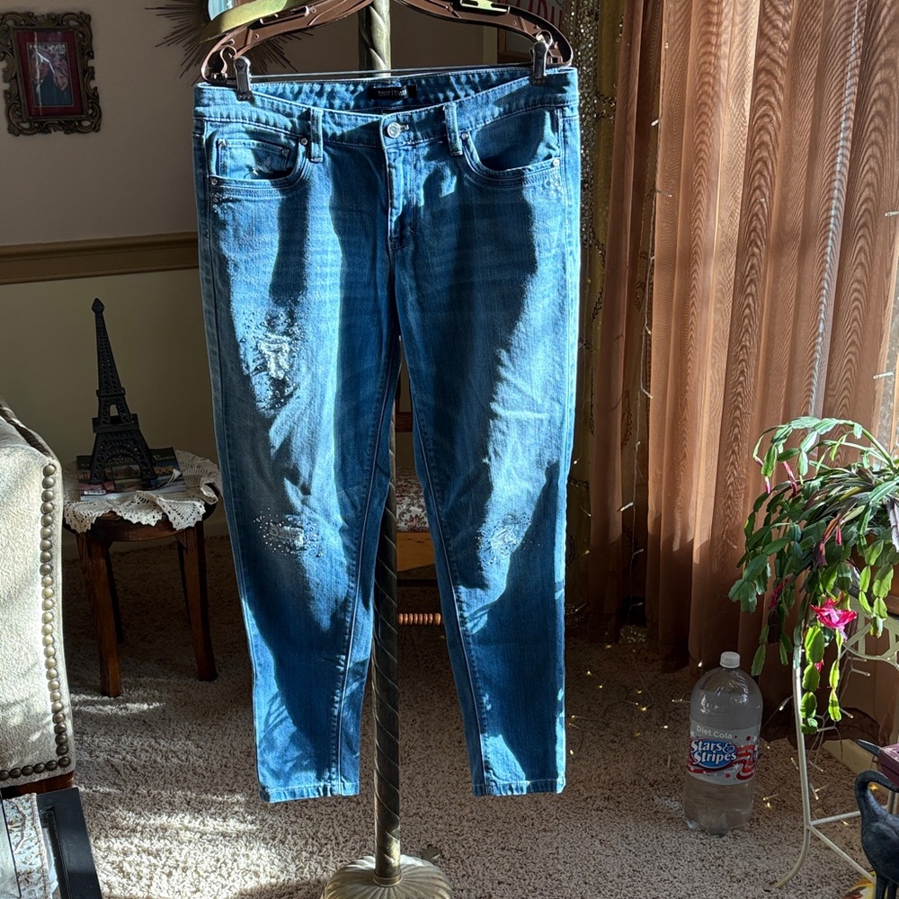 White House Black Market Distressed Skinny Jeans with crystal embellishment.